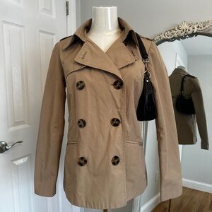 Tan beige short lightweight double breasted trench coat